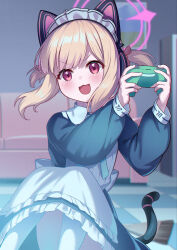 Rule 34 | 1girl, animal ear headphones, animal ears, apron, black dress, blonde hair, blue archive, blush, cat tail, checkered floor, controller, dress, fake animal ears, feet out of frame, frilled apron, frilled dress, frills, game controller, halo, headphones, highres, holding, holding controller, holding game controller, indoors, maid, maid headdress, momoi (blue archive), momoi (maid) (blue archive), official alternate costume, open mouth, pantyhose, pink halo, playing games, red eyes, shinori (efvbji6264), short hair, smile, solo, tail, white apron, white pantyhose