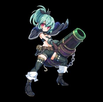 1girl :3 aqua_hair bandeau belt black_background black_bow black_capelet black_thighhighs blush boots bow breasts brown_belt capelet chain cleavage closed_mouth full_body hair_between_eyes highres holding_cannon medium_breasts merc_storia merc_storia_art_team navel official_art pink_hair rivera_(merc_storia) shorts sidelocks simple_background smile solo standing tachi-e thigh_boots thighhighs v-shaped_eyebrows white_shorts