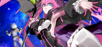 1boy 1girl armor blue_eyes blue_sky clothing_cutout colored_extremities dragon_girl dragon_horns dragon_wings elizabeth_bathory_(fate) elizabeth_bathory_(perfect)_(third_ascension)_(fate) fate/grand_order fate_(series) fujimaru_ritsuka_(male) fujimaru_ritsuka_(male)_(captain_chaldea) game_cg helmet holding holding_polearm holding_weapon horns large_variant_set long_hair long_sleeves looking_at_viewer official_art pink_hair pointy_ears polearm sky space space_helmet spacesuit star_(sky) third-party_source variant_set very_long_hair wada_arco weapon wings