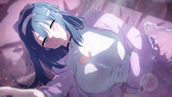 1girl absurdres amano_nene_(tenshi)_(vtuber) amano_nene_(vtuber) bandaid bandaid_hair_ornament blue_eyes blue_hair braid breasts cleavage_cutout closed_mouth clothing_cutout commission hair_ornament hairband heart_cutout highres indie_virtual_youtuber long_hair misaki_nonaka mole mole_on_breast mole_under_eye pillow pink_hairband ribbed_sweater second-party_source skeb_commission smile solo sweater virtual_youtuber white_sweater