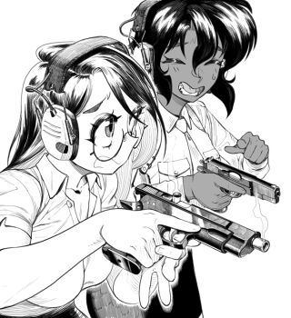 2girls becky_farrah breast_pocket closed_mouth collared_shirt commentary cz_75 dark-skinned_female dark_skin ear_protection earphones electric_niw english_commentary glasses greyscale gun gun_malfunction gunsmith_cats handgun holding holding_gun holding_weapon long_hair lower_teeth_only monochrome multiple_girls open_mouth pocket pointing pointing_at_another rally_vincent shirt short_hair teeth trigger_discipline weapon