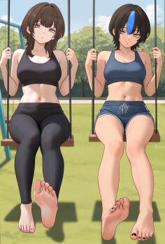 :/ :o abs bare_arms bare_legs bare_shoulders barefoot black_hair black_nails black_pants black_sports_bra blue_shorts blue_sports_bra blue_streaks breasts brown_eyes brown_hair closed_mouth collarbone commentary commission deltamizar_(character) dolphin_shorts drawstring english_commentary feet foot_focus hair_between_eyes highres legs linea_alba looking_at_viewer medium_breasts midriff mole mole_under_eye multicolored_hair nail_polish navel navel_piercing nihu on_swing original pants parted_lips piercing presenting_foot presenting_own_foot purple_eyes purple_nails second-party_source shadow shiragi_(nihu) short_hair short_shorts shorts single_hair_streak sitting soles sports_bra streaked_hair swing swing_set thighs tied_drawstring toenail_polish toenails toes toned toned_female wolf_cut yoga_pants