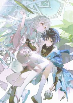 1boy 1girl arm_around_waist arm_at_side armor artist_request asymmetrical_legwear black_bodysuit black_bridal_gauntlets black_hair black_sandals black_shorts blue_cape blue_eyes blue_gem blue_kimono blue_sleeves blunt_ends bodysuit bow breasts bridal_gauntlets cape carrying carrying_person choppy_bangs closed_mouth commission commissioner_insert couple eyelashes fingernails floating floating_object flower flower_ornament furisode gem genshin_impact gold_ring hair_bow hakama hakama_shorts hand_on_another's_stomach hand_up hayami_momo_(hayamimomo) hetero highres holding holding_kettle japanese_armor japanese_clothes juban kettle kimono kimono_skirt kneehighs kote kurokote layered_sleeves leg_warmers long_hair looking_down looking_to_the_side maid mandarin_collar middle_ring motion_blur obi obiage obijime oc_x_canon okobo open_clothes open_hands open_kimono open_mouth original pink_bow pink_eyes pink_flower pink_sash pink_skirt pink_sleeves platform_sandals pleated_shorts sandals sash scaramouche_(genshin_impact) second-party_source short_sleeves shorts shoulder_peek single_kneehigh single_sock single_thighhigh skirt small_breasts socks stirrup_legwear tassel tasuki thighhighs three-quarter_sleeves toeless_legwear tray tsurime uneven_legwear very_long_hair vision_(genshin_impact) wa_maid wanderer_(genshin_impact) white_bow white_hair white_kimono white_leg_warmers white_sleeves white_socks white_thighhighs white_trim zouri