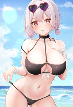 1girl absurdres azur_lane beach bikini black_bikini blush breasts ca_paria commentary_request crop_top cropped_shirt day eyewear_on_head front-tie_top hair_between_eyes hand_on_own_chest hand_up heart heart-shaped_eyewear highres hip_focus large_breasts leaning_to_the_side looking_at_viewer medium_hair navel o-ring o-ring_bikini o-ring_top ocean off_shoulder outdoors parted_lips pink_eyes red_eyes see-through_clothes see-through_shirt shirt single_bare_shoulder sirius_(azur_lane) sirius_(scorching-hot_seirios)_(azur_lane) solo standing string_pull sunglasses swimsuit teasing white_hair white_shirt