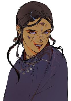 Rule 34 | 1girl, black hair, blood, blood on face, braid, brown eyes, facial tattoo, fangs, medium hair, multiple braids, original, rora (auroradiation), simple background, tattoo, upper body, white background