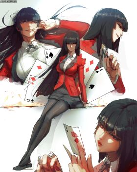 1girl absurdres black_hair blazer blunt_bangs breasts card collared_shirt dice finger_to_mouth highres hime_cut holding holding_dice hyakkaou_academy_school_uniform jabami_yumeko jacket kakegurui large_breasts long_hair looking_at_viewer pantyhose playing_card red_eyes red_jacket red_nails school_uniform shirt skirt smile solo stephengiannart very_long_hair white_shirt