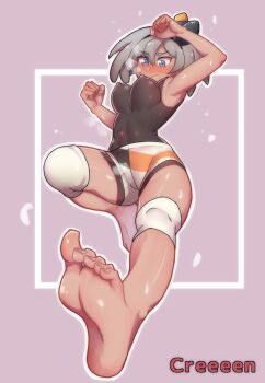 1girl absurdres arm_up artist_name barefoot bea_(pokemon) black_bodysuit black_hairband bodysuit bodysuit_under_clothes bow_hairband breasts clenched_hands commentary_request covered_erect_nipples creeeen_jjang feet female_pubic_hair framed full_body grey_eyes grey_hair gym_leader hair_between_eyes hairband hand_up highres knee_pads korean_commentary nintendo pokemon pokemon_swsh print_shorts pubic_hair shiny_skin short_hair shorts soles solo toes