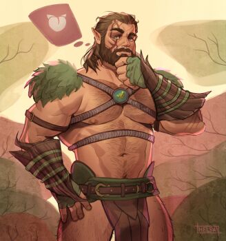 1boy abs absurdres alternate_facial_hair baldur's_gate baldur's_gate_3 bara beard body_hair brown_hair bulge connected_beard cowboy_shot dark-skinned_male dark_skin dungeons_&amp;_dragons elf facial_hair full_beard hairy halsin hand_on_own_chin helbai highres large_pectorals male_focus mature_male medium_hair muscular muscular_male mustache navel navel_hair nipples paid_reward_available peach_emoji pectorals pelvic_curtain pointy_ears revealing_clothes solo sparse_leg_hair speech_bubble standing stomach stroking_beard stroking_own_chin strongman_waist thick_beard thick_chest_hair thick_eyebrows thick_mustache thought_bubble tribal