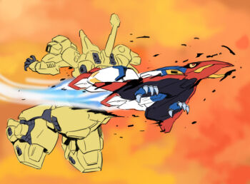 aeug gundam mecha mecha_focus mobile_suit no_humans raideen_(mecha) raideen_(series) retro_artstyle robot science_fiction super_robot_wars super_robot_wars_y taedu the_o_(mobile_suit) titans_(gundam) waverider_crash yellow_eyes yuusha_raideen zeta_gundam zeta_gundam_(mobile_suit)
