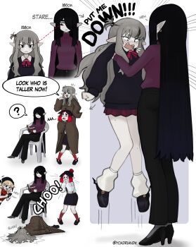 Rule 34 | absurdres, bat wings, beanie, black choker, black eyes, black hair, blonde hair, blush, choker, colored skin, eleanor (justadrian), english text, fangs, grey hair, hair bun, hat, highres, justadrian (yoadriandk), licorice (justadrian), long hair, mavie (justadrian), multicolored hair, multiple girls, open mouth, original, pants, pleated skirt, pointy ears, red hair, scarlett (justadrian), shirt, short hair, simple background, skirt, smile, suspenders, two-tone hair, vampire, very long hair, white shirt, wings