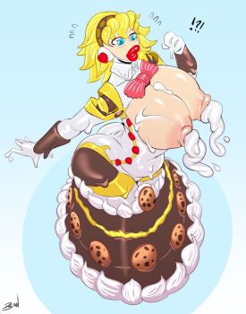 1girl aigis_(persona) artist_request bimbofication blonde_hair blue_eyes bow breasts cake cake_girl confused cream curvy female_focus food food_creature food_girl gynoid henshin highres lactation large_breasts lips living_food magic persona persona_3 ribbon robot robot_girl short_hair solo standing thick_thighs thighhighs thighs transformation transformation_(object) video_game wide_hips