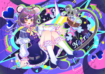 Rule 34 | 1girl, absurdres, animal ears, basket, bow, bowtie, capelet, character name, chinese commentary, commentary request, commission, frilled skirt, frills, grey capelet, grey hair, heart, highres, holding, holding jewelry, holding necklace, holding with tail, jewelry, kneehighs, loafers, long sleeves, medium hair, mouse (animal), mouse ears, mouse girl, mouse tail, nazrin, necklace, open mouth, pendant, prehensile tail, purple shoes, red eyes, shoes, skirt, smile, socks, tail, touhou, white socks, xingxingxing guangguang, yellow bow, yellow bowtie