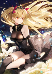 Rule 34 | 1girl, alternate costume, bare shoulders, birdcage, black dress, black thighhighs, blonde hair, breasts, cage, chain, closed mouth, crossed legs, detached sleeves, dress, earrings, ereshkigal (fate), fate/grand order, fate (series), field, floating hair, flower, flower field, gold chain, hair ribbon, highres, hoop earrings, jewelry, lace, lace-trimmed sleeves, lace-trimmed thighhighs, lace trim, long hair, looking to the side, medium breasts, neck ruff, necklace, orange eyes, parted bangs, petals, revision, ribbon, siino, single thighhigh, sitting, skull, skull necklace, solo, thighhighs, thighs, tiara, twitter username, two side up, very long hair, yellow flower