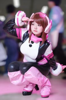 Rule 34 | 1girl, black bodysuit, bodysuit, boku no hero academia, breasts, brown eyes, brown hair, cosplay photo, female focus, hero outfit (mha), matching hair/eyes, medium breasts, mochacos, multicolored bodysuit, photo (medium), pink bodysuit, real life, short hair, sidelocks, solo, superhero costume, uraraka ochako, uraraka ochako (cosplay), uraraka ochako (hero outfit), white bodysuit