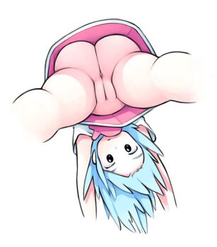 1girl ass bare_legs bent_over blue_hair cleft_of_venus closed_mouth colored_skin dress female_focus huge_ass loli looking_at_viewer looking_down no_panties nude original pov pussy simx skirt teasing thick_thighs thighs uncensored upskirt white_background white_skin wide_hips zoey_(simx)