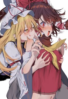 2girls :o :q absurdres ascot blonde_hair blush bow breasts brown_hair commentary frilled_bow frilled_hair_tubes frills grabbing_another&#039;s_breast groping hair_bow hair_tubes hakurei_reimu hat hat_ribbon highres kararage_tsune long_hair long_sleeves medium_breasts mob_cap multiple_girls navel open_mouth purple_tabard red_bow red_eyes red_ribbon red_shirt ribbon ribbon-trimmed_sleeves ribbon_trim shirt simple_background sleeveless sleeveless_shirt surprised tabard tongue tongue_out touhou white_background white_hat white_sleeves wide_sleeves yakumo_yukari yellow_ascot yellow_eyes yuri