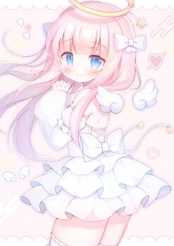 Rule 34 | 1girl, back bow, bare shoulders, blunt bangs, blush, bow, closed mouth, commentary request, cowboy shot, detached sleeves, detached wings, dress, hair bow, halo, hanasakichu, highres, long hair, long sleeves, looking at viewer, original, outline, own hands clasped, own hands together, pink background, pink hair, polka dot, polka dot background, smile, solo, strapless, strapless dress, thighhighs, traditional halo, twitter username, white bow, white dress, white outline, white sleeves, white thighhighs, wide sleeves, wings