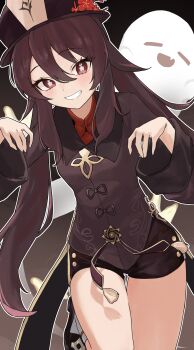 1girl :d =_= absurdres black_background boo_tao_(genshin_impact) breasts brown_background brown_hair brown_hat brown_jacket brown_shoes brown_shorts commentary_request cowboy_shot flower-shaped_pupils genshin_impact ghost gradient_background grin hair_between_eyes hands_up hat highres hu_tao_(genshin_impact) jacket kneehighs leaning_forward leg_up long_hair long_sleeves looking_at_viewer messy_hair nema_029 open_mouth outline red_eyes red_shirt shirt shoes short_shorts shorts small_breasts smile socks solo symbol-shaped_pupils thick_thighs thigh_gap thighs white_outline white_socks wide_hips