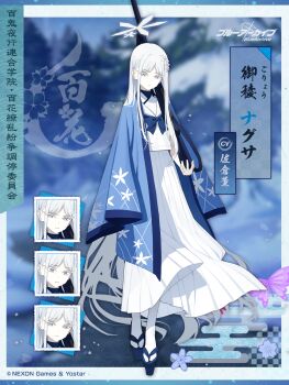 1girl arisaka blue_archive bolt_action bug butterfly character_name closed_mouth cloud commentary_request gun hair_ornament hakama halo haori highres holding holding_gun holding_weapon insect japanese_clothes logo long_hair multiple_expressions mx2j nagusa_(blue_archive) official_art okobo pale_skin platform_sandals rifle sandals school_uniform second-party_source serafuku snowflake_hair_ornament snowflake_print snowflakes solo tabi translation_request very_long_hair weapon white_eyes white_hair yuki_onna