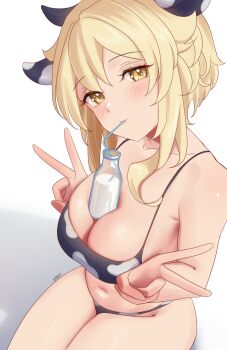 1girl absurdres animal_ears animal_print baobei_(baobei_bu) bikini blonde_hair blush bottle breasts cow_ears cow_horns cow_print cow_print_bikini double_v drinking drinking_straw drinking_straw_in_mouth genshin_impact highres horns large_breasts long_hair lumine_(genshin_impact) milk milk_bottle navel print_bikini solo stomach swimsuit v yellow_eyes
