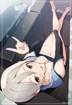 1girl artist_name barefoot black_eyes breasts clothing_cutout commentary_request couch dated downblouse dress dress_straps foreshortening fox_shadow_puppet from_above grey_hair hair_between_eyes hand_on_own_leg happy_birthday highres hood hood_down hoodie idolmaster idolmaster_cinderella_girls jewelry looking_at_viewer lying medium_breasts necklace open_mouth partially_open_hoodie perspective shiomi_syuko short_dress short_hair shoulder_cutout solo toes white_dress yoshino_saku