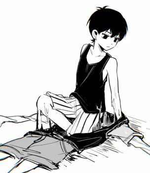1boy antenna_hair closed_mouth collarbone double-parted_bangs expressionless greyscale hair_between_eyes highres male_focus monochrome niu_tata omori omori_(omori) short_hair shorts simple_background solo striped_clothes striped_shorts sunny_(omori) tank_top vertical-striped_clothes vertical-striped_shorts