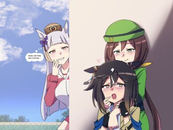 3girls :d against_wall ahoge animal_ears artist_name black_gloves black_hair blue_sash blue_sky blunt_bangs blunt_ends blush boots bow bowler_hat breasts brown_hair brown_hat brown_jacket closed_mouth cloud coat collared_shirt commentary curled_fingers dress_shirt droopy_ears ear_bow ear_covers ear_ornament english_commentary english_text fingerless_gloves flirting foliage formal_clothes front-to-back gloves gold_ship_(umamusume) gradient_hair grass green_eyes green_hat green_jacket green_skirt hair_between_eyes hand_on_another&#039;s_arm hand_on_another&#039;s_cheek hand_on_another&#039;s_chest hand_on_another&#039;s_face hand_on_own_chest hat hayakawa_tazuna heart highres horse_ears horse_girl horseshoe_hat_ornament horseshoe_ornament jacket long_hair looking_at_another looking_down looking_up medium_breasts multicolored_boots multicolored_hair multiple_girls narrowed_eyes neckerchief nose_blush open_clothes open_coat open_mouth outdoors parent_and_child parted_lips peeking peeking_out pillbox_hat ponytail purple_bow purple_eyes racetrack raised_eyebrows red_jacket red_shorts sash shirt shorts signature sitting skirt skirt_suit sky smile speech_bubble standing stay_gold_(umamusume) suit the_freakin_yui thought_bubble track_jacket track_suit tree two-tone_boots umamusume very_long_hair white_hair white_jacket white_shirt yellow_neckerchief yuri