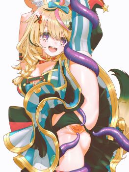 1girl :d absurdres ahoge animal_ear_fluff animal_ears anversailles arm_strap armpits arms_up asymmetrical_legwear black_hair black_panties blonde_hair blue_bow blue_skirt blue_thighhighs bow bowtie braid breasts cleavage clitoris clothing_aside commentary commission double-parted_bangs facial_mark female_pubic_hair fox_ears fox_girl fox_tail hair_between_eyes hair_bow hair_ornament hair_over_shoulder hairclip hat heart heart-shaped_pupils highres holding_own_leg hololive imminent_penetration jester_cap layered_skirt leg_lift long_hair looking_at_viewer mark_under_eye medium_breasts miniskirt mismatched_legwear multicolored_hair omaru_polka omaru_polka_(1st_costume) open_mouth panties panties_aside pink_hair pink_thighhighs pubic_hair purple_eyes pussy red_bow red_bowtie shirt side_braid simple_background single_braid skirt sleeveless sleeveless_shirt smile solo split spread_pussy standing standing_on_one_leg standing_split streaked_hair striped_clothes striped_skirt striped_thighhighs symbol-only_commentary symbol-shaped_pupils tail teeth tentacles thighhighs tilted_headwear traditional_bowtie uncensored underwear upper_teeth_only variant_set vertical-striped_clothes vertical-striped_skirt vertical-striped_thighhighs virtual_youtuber white_background x_hair_ornament