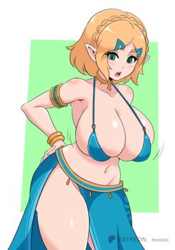 1girl armlet bikini bikini_top_only blonde_hair blue_bikini blush bouncing_breasts bracelet braid breasts choker cleavage collarbone crown_braid dancer green_eyes hair_ornament hairclip hand_on_own_hip harem_outfit huge_breasts jewelry large_breasts leaning_forward looking_down micro_bikini momocka-art nintendo open_mouth pelvic_curtain pointy_ears princess_zelda short_hair standing swimsuit teeth the_legend_of_zelda the_legend_of_zelda:_breath_of_the_wild the_legend_of_zelda:_tears_of_the_kingdom