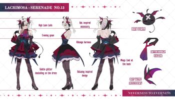 1girl absurdres ahoge alternate_costume backless_dress backless_outfit black_hair black_pantyhose black_shoes black_sleeves closed_mouth demon_tail detached_sleeves dress frilled_dress frilled_sleeves frills hair_ornament high_heels highres lacrimosa_(nte) long_hair looking_at_viewer multicolored_hair neverness_to_everness okinairis pantyhose red_dress red_eyes reference_sheet shoes solo split-color_hair tail twintails white_hair x_hair_ornament