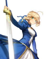 Rule 34 | 1girl, ahoge, artoria pendragon (all), artoria pendragon (fate), blonde hair, blue dress, blue ribbon, braid, breasts, cleavage cutout, closed mouth, clothing cutout, dress, excalibur (fate/stay night), fate/grand order, fate (series), green eyes, hair ribbon, highres, holding, holding sword, holding weapon, juliet sleeves, long sleeves, looking at viewer, nanbo ataru (attall), painttool sai (medium), photoshop (medium), puffy sleeves, ribbon, saber (fate), short hair, simple background, small breasts, solo, sword, weapon, white background
