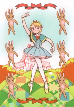 1girl animal ballerina ballet ballet_slippers blonde_hair bow dungeon_meshi elf en_pointe highres house marcille_donato pantyhose plant pointy_ears poxeii rabbit red_bow ribbon shoes tutu white_pantyhose yellow_shoes