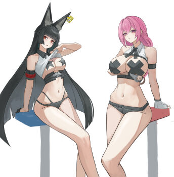 2girls absurdres animal_ear_fluff animal_ears arm_under_breasts bikini bikini_bottom_only black_bikini black_gloves black_hair breasts chair clothes_lift commentary covered_erect_nipples cross cross_pasties fingerless_gloves fox_ears fox_girl gloves hair_between_eyes highres hoshimi_miyabi huge_breasts large_breasts long_hair looking_at_viewer multiple_girls navel pasties pink_eyes pink_hair red_eyes shirt_lift sidelocks simple_background single_glove sitting star_(symbol) star_pasties subin9708 swimsuit tsukishiro_yanagi underwear white_background white_gloves zenless_zone_zero