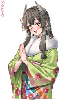 Rule 34 | 1girl, artist name, blunt tresses, blush, commentary request, ebifurya, floral print, green eyes, green kimono, grey hair, hair between eyes, hair intakes, hair ornament, hands up, headgear, highres, i-47 (kancolle), i-47 (new year) (kancolle), japanese clothes, kantai collection, kimono, long hair, long sleeves, looking at viewer, obi, open mouth, own hands together, sash, sidelocks, simple background, smile, solo, tassel, tassel hair ornament, twitter username, upper body, white background, wide sleeves