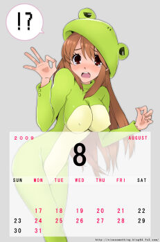 Rule 34 | !?, 00s, 1girl, 2009, animal costume, asahina mikuru, august, bad id, bad pixiv id, breasts, brown eyes, brown hair, calendar, costume, counting, covered erect nipples, endless eight, female focus, frog, frog costume, highres, impossible clothes, impossible shirt, kari (kakko k), large breasts, long hair, shirt, solo, suzumiya haruhi no yuuutsu, tears