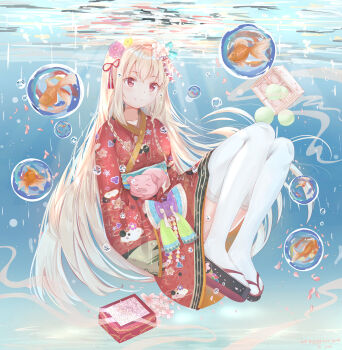 1girl 2019 absurdres blonde_hair box commentary fish flower goldfish hair_flower hair_ornament highres japanese_clothes k_ittan new_year obi original pig red_eyes sash smile tassel thighhighs underwater white_thighhighs