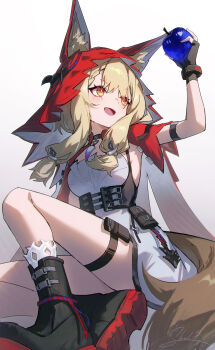 1girl absurdres animal_ear_fluff animal_ears arknights arknights:_endfield black_gloves blonde_hair blue_apple cape chinese_commentary commentary_request dress fingerless_gloves food fruit gloves highres holding holding_food holding_fruit hood hooded_cape jewelry long_hair low-tied_sidelocks necklace open_mouth red_cape rossi_(arknights) shali sidelocks solo tail tooth_necklace white_dress wolf_ears wolf_girl wolf_tail yellow_eyes