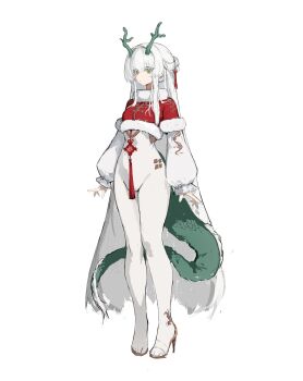 1girl absurdres bodysuit chinese_commentary commentary_request full_body green_eyes green_horns green_tail high_heels highres horns long_hair long_sidelocks long_sleeves looking_ahead lump_saury original sidelocks solo standing tachi-e tail very_long_hair white_bodysuit white_hair