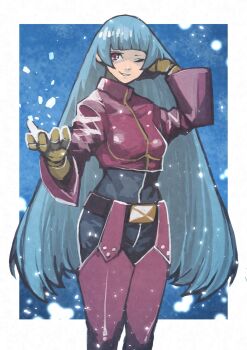1girl blue_hair border e-kaki gloves grin hand_in_own_hair happy highres kula_diamond long_hair one_eye_closed red_eyes smile snowing solo the_king_of_fighters white_border yellow_gloves