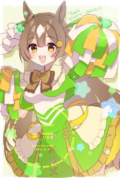 1girl animal_ears belt blush bow braid breasts brown_bow brown_eyes brown_hair cheerleader commentary_request cropped_jacket double-parted_bangs ear_ornament genkai_made_pom_pon!! green_jacket green_skirt hair_between_eyes half_up_braid holding holding_pom_poms horse_ears horse_girl horse_tail jacket koruri large_breasts long_hair looking_at_viewer multicolored_hair open_clothes open_jacket open_mouth pom_pom_(cheerleading) pom_poms satono_diamond_(umamusume) shirt skirt smile solo streaked_hair tail teeth umamusume upper_teeth_only very_long_hair white_shirt white_streaks yellow_belt