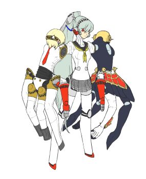 3girls aigis_(persona) blonde_hair detached_arm fusion gattai giant_arms highres labrys_(persona) merge metis_(persona) monzuramongura multiple_girls necktie persona persona_3 persona_4 persona_4:_the_ultimate_in_mayonaka_arena ponytail retracting_head robot robot_girl school_uniform skirt transformation unlikely_accident what