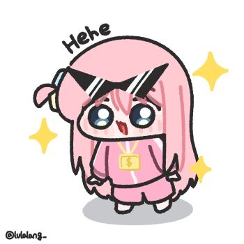 1girl blue_eyes bocchi_the_rock! chibi chibi_only commentary english_commentary eyewear_on_head full_body gold_necklace gotoh_hitori highres jacket jewelry kamina_shades long_hair looking_at_viewer lulalang necklace one_side_up open_mouth pink_hair pink_jacket pink_shorts shorts simple_background smile solo sparkle standing sunglasses triangular_eyewear twitter_username white_background