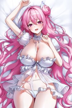 1girl bikini breasts cleavage commentary dorothy_(nikke) dorothy_(serendipity)_(nikke) dress_swimsuit goddess_of_victory:_nikke hair_bun highres large_breasts long_hair looking_at_viewer lying midriff navel official_alternate_costume on_back parted_lips pink_hair purple_eyes single_side_bun smile solo soymilk_arts2 swimsuit thighs very_long_hair white_bikini