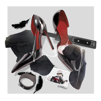 1girl bar_censor belt black_belt black_feathers black_footwear black_gloves border breasts censored censored_identity collar colored_shoe_soles cum cum_on_body cum_on_clothes cum_on_feet feathers gloves grey_background grey_hair half_gloves high_heels highres large_breasts long_hair pantyhose photo_(object) red_footwear shirt shoes simple_background solo stiletto_heels unworn_shoes xnnagu