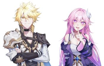 1boy 1girl armor blonde_hair breasts cleavage coat commentary_request crossed_arms cyrene_(aedes_elysiae)_(honkai:_star_rail) cyrene_(honkai:_star_rail) cyrene_(ripples_of_past_reverie)_(honkai:_star_rail) diamond-shaped_pupils diamond_(shape) dress hair_ornament highres honkai:_star_rail honkai_(series) large_breasts long_hair looking_at_viewer multicolored_hair nail_polish nekobocchi3_3 pauldrons phainon_(honkai:_star_rail) phainon_(khaslana)_(honkai:_star_rail) pink_hair pointy_ears purple_coat purple_eyes self_cosplay short_hair shoulder_armor simple_background single_pauldron smile symbol-shaped_pupils two-tone_hair very_long_hair white_background white_coat white_dress white_hair yellow_eyes