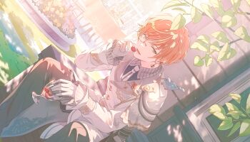 Rule 34 | 1boy, animal, animal on shoulder, arm up, asymmetrical shirt, bird, bird on shoulder, blonde streaks, blue bird, brooch, cake, chair, checkerboard cookie, chocolate, collared shirt, colorful palette, cookie, cup, cupcake, dappled sunlight, drinking glass, dutch angle, earrings, flower, flower brooch, food, food-themed earrings, food-themed ornament, funsai seyo! unvalentine no fukushuu (project sekai), game cg, gem, gloves, gold trim, green eyes, grey pants, grey shirt, heart, heart brooch, herb, highres, holding, holding chocolate, holding cup, holding food, imminent eating, jacket, jewelry, lapels, leaf, looking at animal, lower teeth only, male focus, monocle, multicolored hair, necktie, nose pads, official alternate costume, official alternate hairstyle, official art, open mouth, orange hair, pants, peaked lapels, pink flower, project sekai, red gem, rose, semi-rimless eyewear, shinonome akito, shirt, sitting, solo, streaked hair, striped clothes, sunlight, table, teacup, teapot, teeth, third-party source, tree, under-rim eyewear, vertical-striped clothes, vertical-striped collar, vertical-striped necktie, white flower, white gloves, white jacket, white necktie, white rose, yellow flower, yellow rose