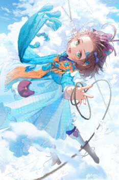 1girl :d above_clouds absurdres ankle_boots aqua_eyes bangs_blown_up blue_bow blue_dress blue_pants blue_scarf blue_sky boots bow brown_boots brown_hair cloud cloudy_sky day dress floating flutterpage forehead from_side full_body hair_bow highres holding holding_rod holding_rope leaning_back long_dress long_sleeves lower_teeth_only open_mouth orange_scarf outdoors outstretched_arm outstretched_hand pants pants_under_dress pink_bow reaching reaching_towards_viewer reverse:1999 rod rope scarf short_hair simple_bird sky smile solo teeth two-tone_scarf yiyu_wusheng
