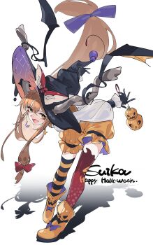 1girl :d asymmetrical_legwear black_gloves black_hat bloomers boots bow brown_horns character_name charm_(object) commentary_request crescent crescent_earrings earrings english_text fang floating_hair footwear_bow full_body gloves hair_bow halloween happy_halloween hat hat_bow highres holding holding_charm horns horns_through_headwear ibuki_suika jewelry leaning_forward long_hair long_sleeves looking_at_viewer low-tied_long_hair low-tied_sidelocks mismatched_earrings o_(crazyoton46) open_mouth orange_bloomers orange_boots orange_hair orange_vest puffy_long_sleeves puffy_sleeves pumpkin purple_bow red_bow shadow shirt sidelocks simple_background skin_fang smile star_(symbol) star_earrings striped_clothes striped_thighhighs thighhighs touhou underwear very_long_hair vest white_background white_shirt witch_hat yellow_eyes