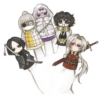 Rule 34 | 2boys, 3girls, albina (project moon), black hair, button eyes, buttons, chain, chibi, chibi only, commentary, doll, english commentary, grey hair, highres, katana, kira (project moon), limbus company, long hair, lucio (project moon), multiple boys, multiple girls, popauuu, project moon, ren (project moon), short hair, sora (project moon), sword, weapon, weapon focus