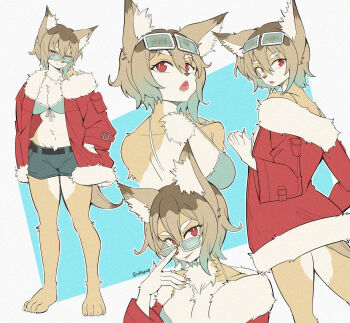 1girl animal_ear_fluff animal_ears bikini blue_bikini blue_shorts body_fur breasts brown_fur brown_hair cleavage coldsyrup commentary_request eyewear_on_head fox_ears fox_girl fox_tail fur-trimmed_jacket fur_trim furry furry_female hands_in_pockets highres jacket large_breasts looking_at_viewer medium_hair open_mouth original red_eyes red_jacket shorts solo sunglasses swimsuit tail